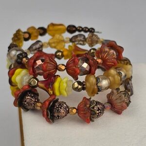 Artisan Czech Glass Flower Copper Filigree Bead Coiled Memory Wire Wrap Bracelet